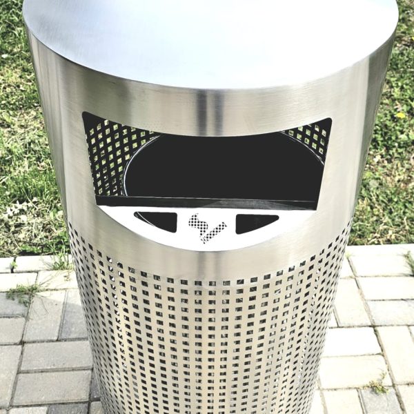 Coș de gunoi cu scrumieră Pivot ’70, inox periat premium, anti-vandalism, 75L