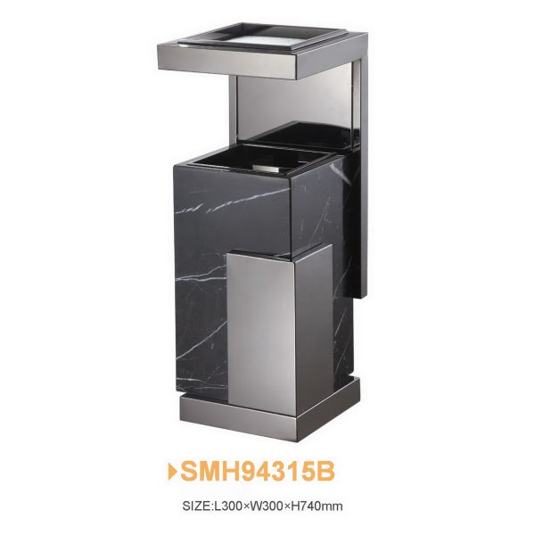 Coș de gunoi cu scrumieră SMH94315B, marmură neagră și inox fumuriu, 30L