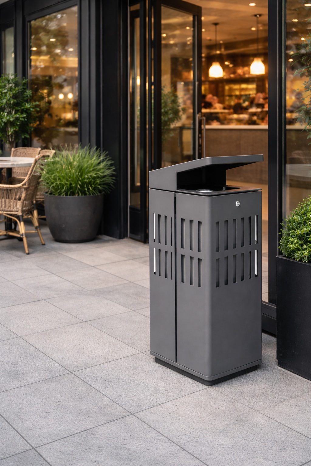 Coș de gunoi urban cu scrumiera, 115L – Smash Design, ZENORA 444 , 50×50×90 CM Coș de gunoi urban cu scrumiera, 115L – Smash Design, ZENORA 444 , 50×50×90 CM