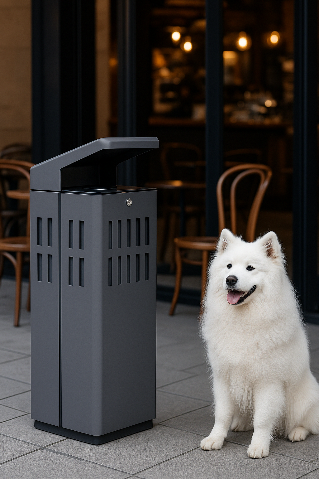 Coș de gunoi urban cu scrumiera, 115L – Smash Design, ZENORA 444 , 50×50×90 CM Coș de gunoi urban cu scrumiera, 115L – Smash Design, ZENORA 444 , 50×50×90 CM